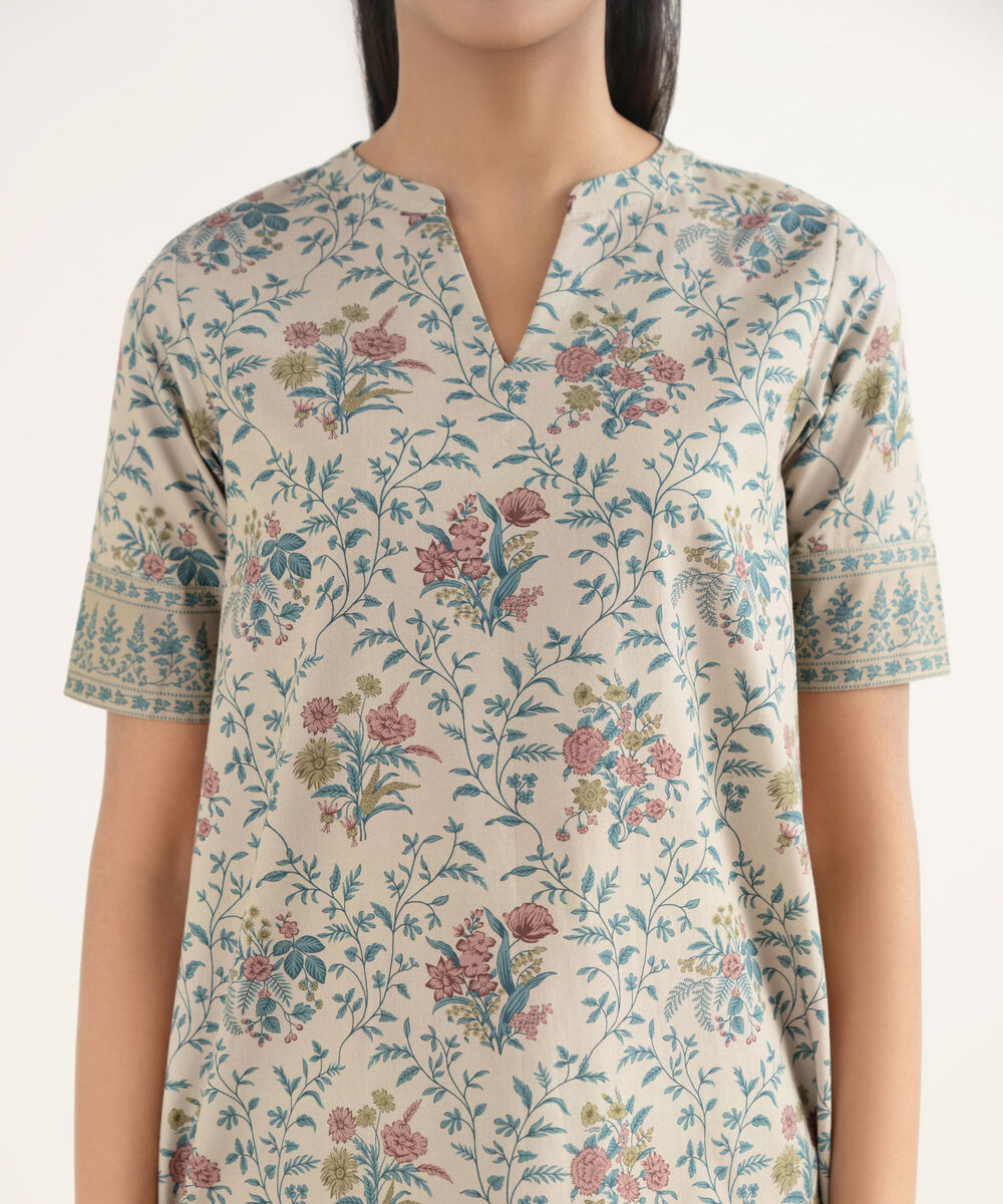 Women's Unstitched Cotton Printed Beige 3 Piece Suit