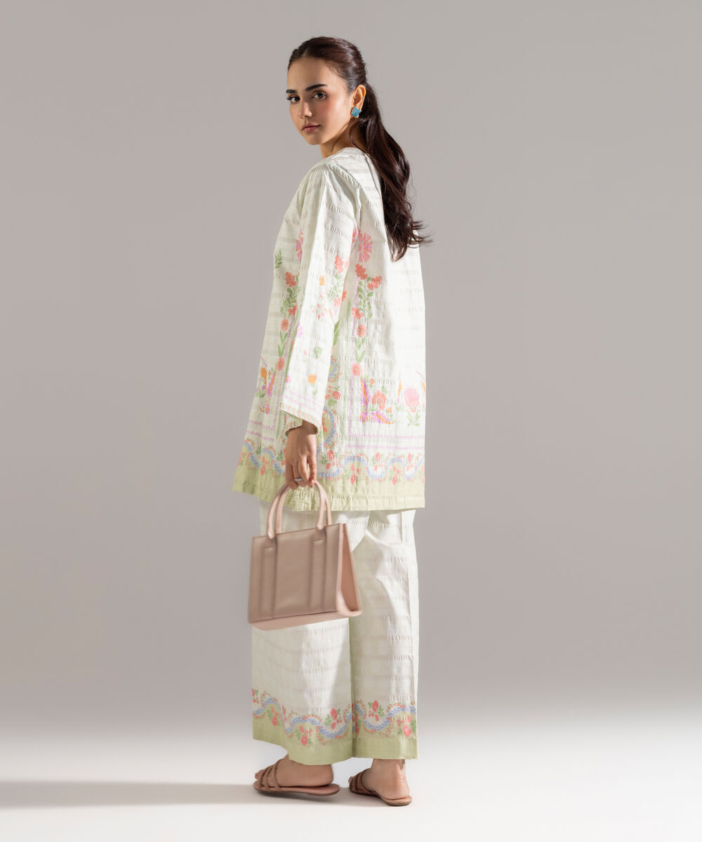 Women's RTW Seersucker Printed Off White Straight Shirt