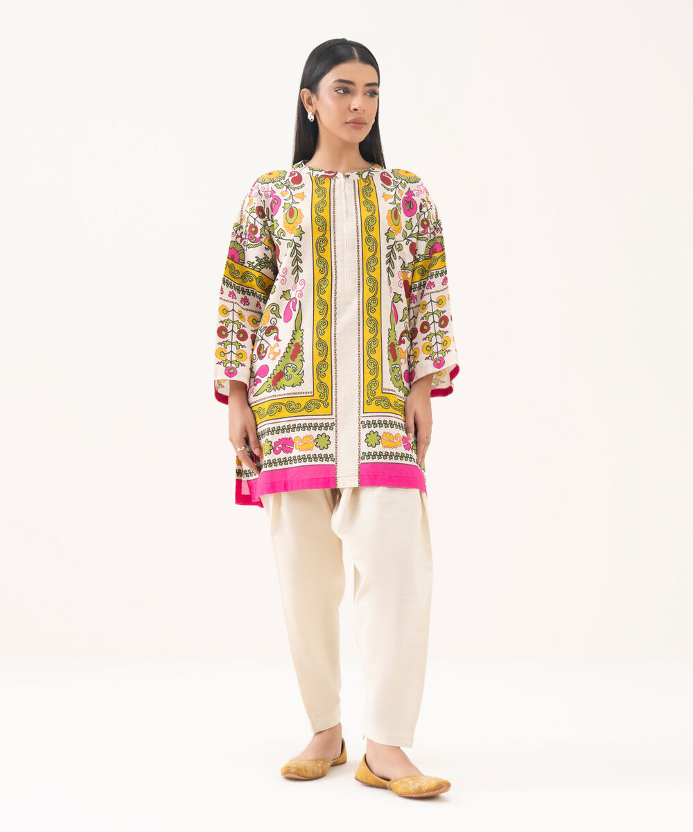 Women's RTW Light Khaddar Printed Off White Drop Shoulder Shirt