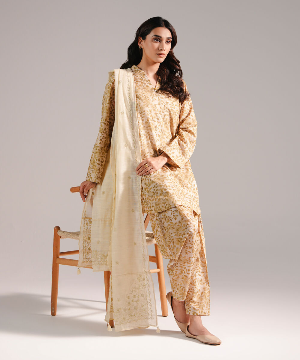 Women's RTW Zari Lawn Printed Beige 3 Piece Suit