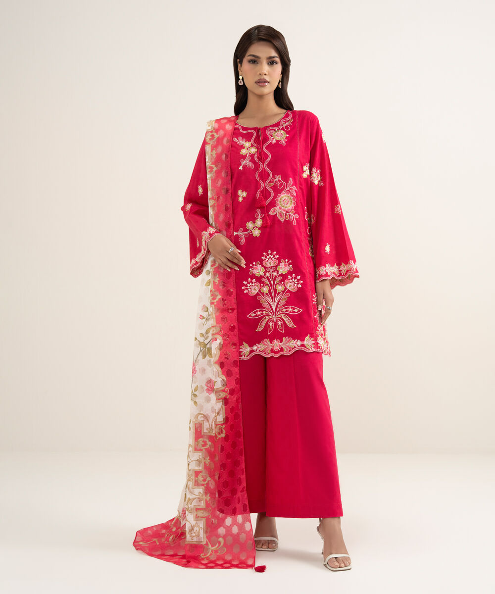 Women's RTW Self Jacquard Embroidered Pink Straight Shirt