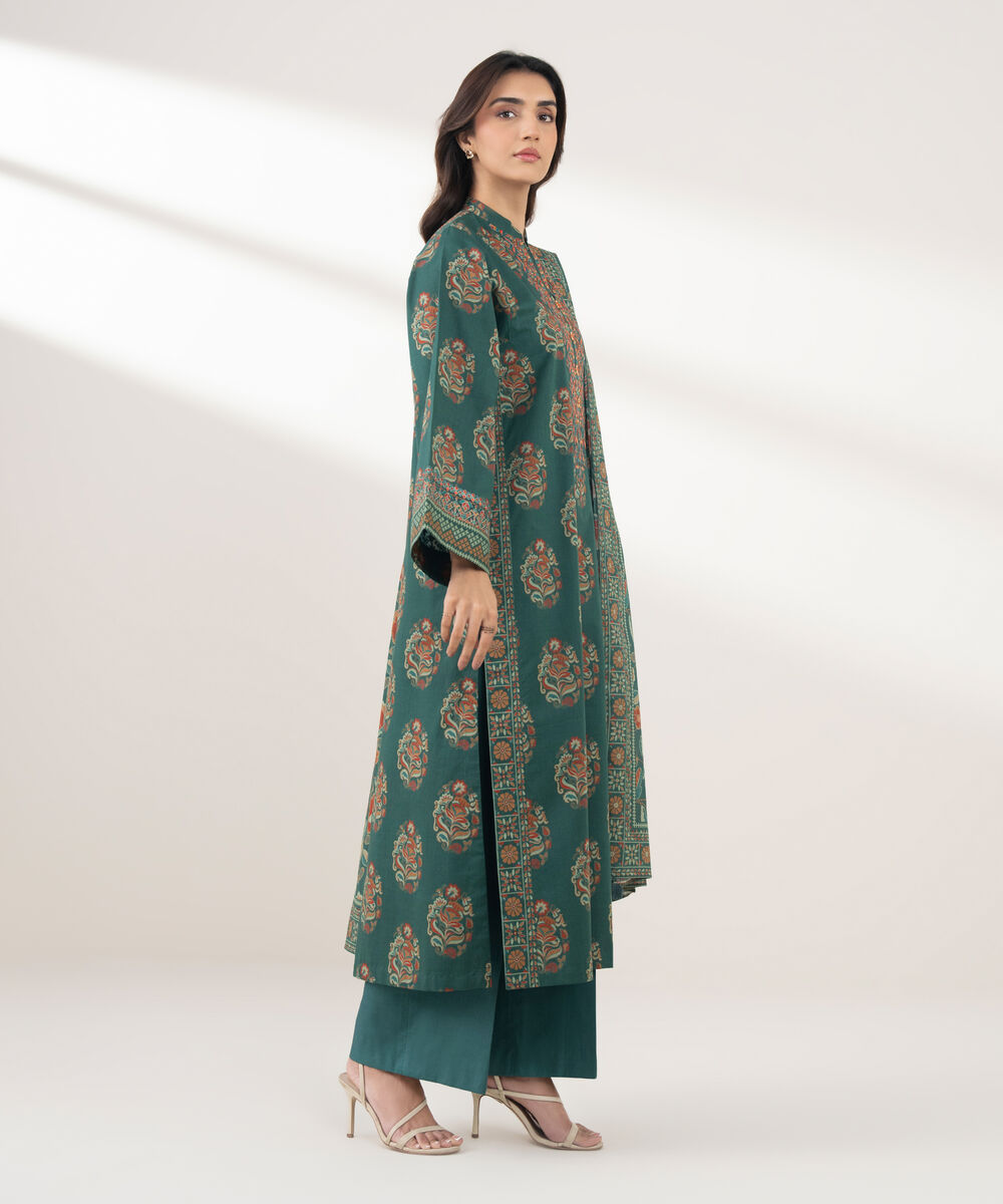 Women's Unstitched Cotton Printed Green 3 Piece Suit