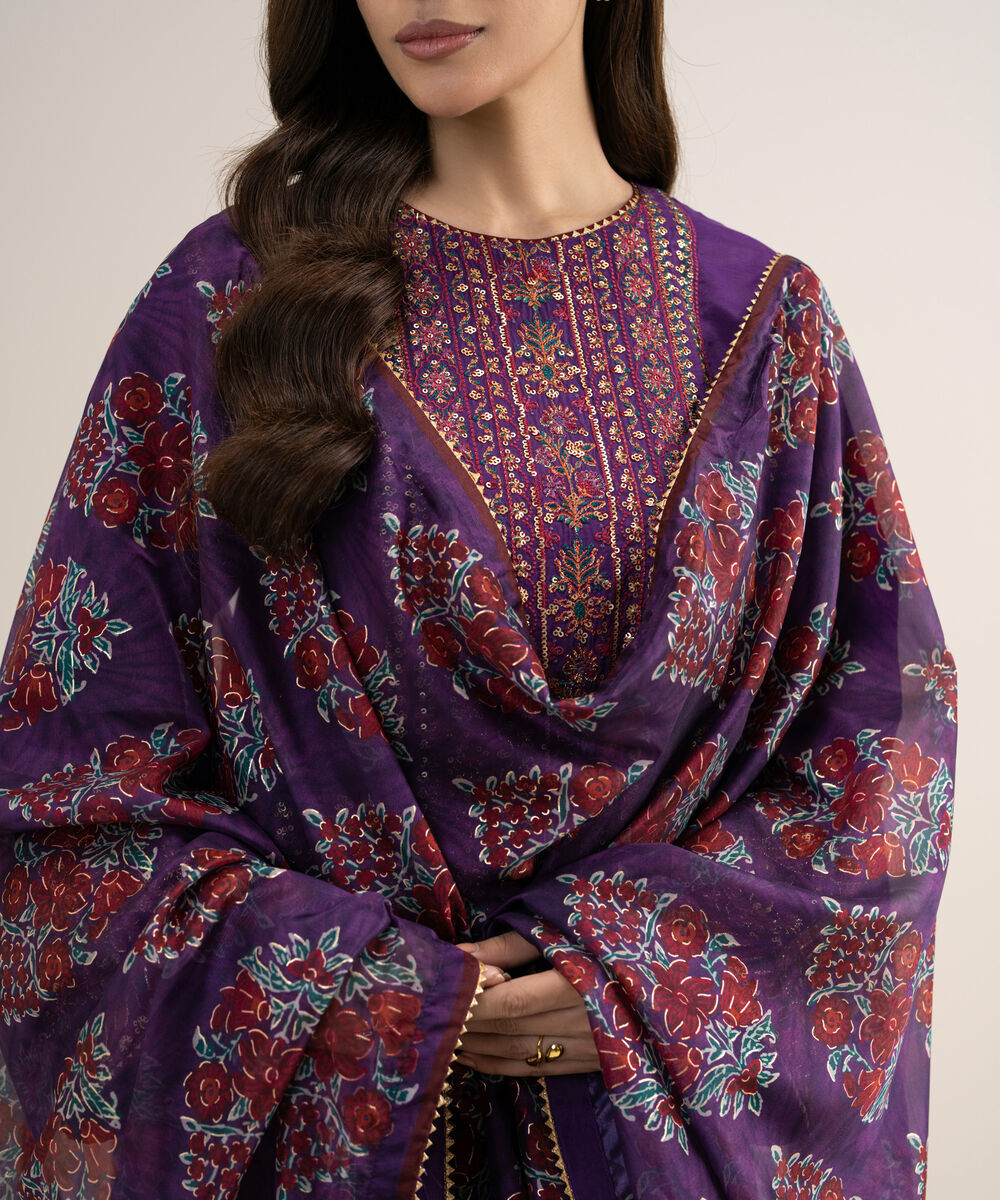 Women's Unstitched Embroidered Blended Raw Silk Purple 3 Piece Suit