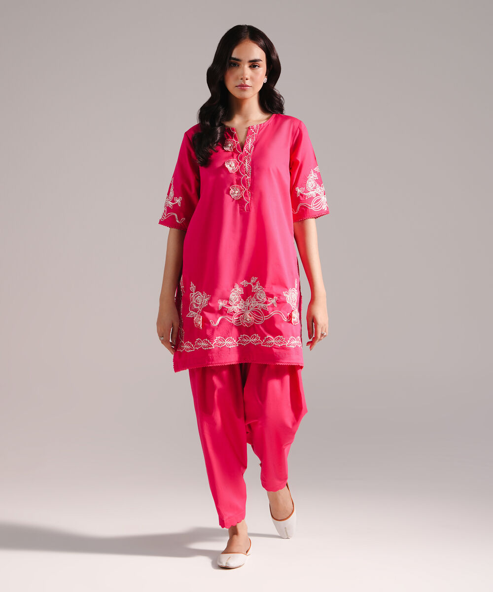 Women's RTW Slub Lawn Embroidered Pink Straight Shirt