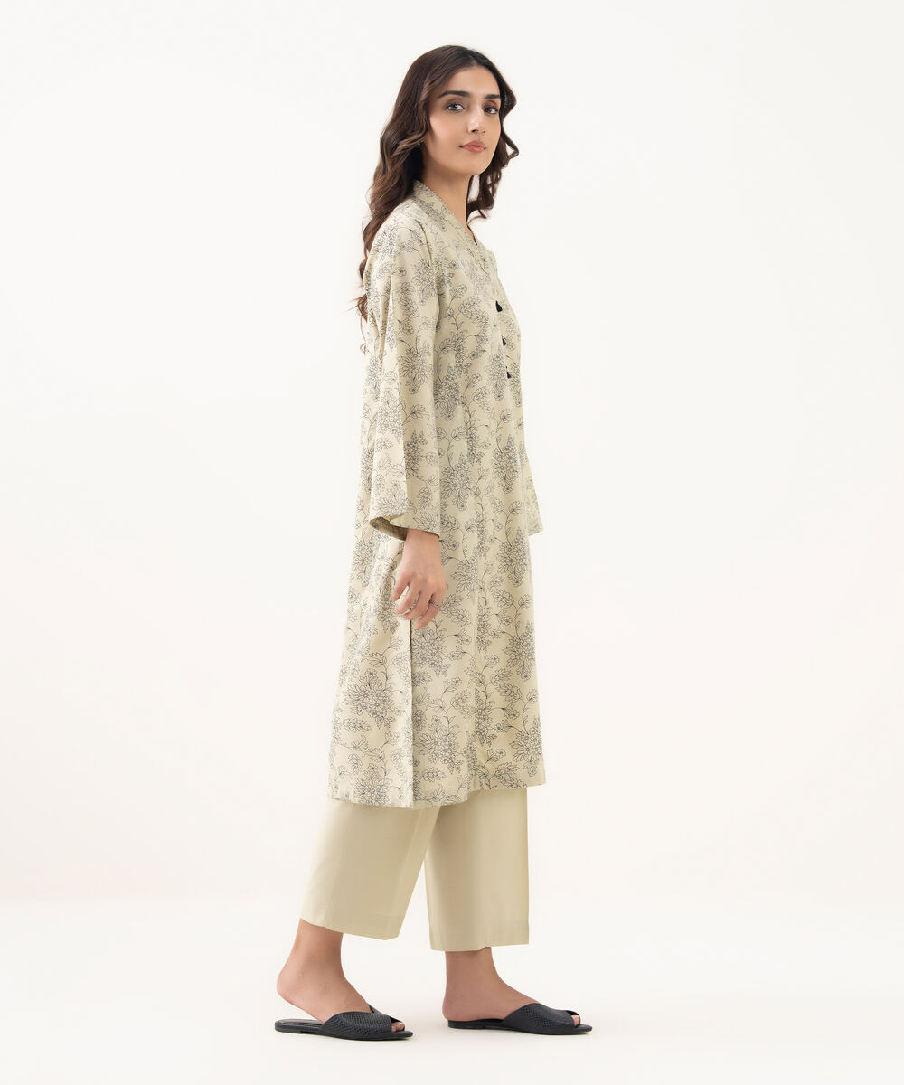 Women's RTW Cotton Viscose Printed Straight Beige Shirt