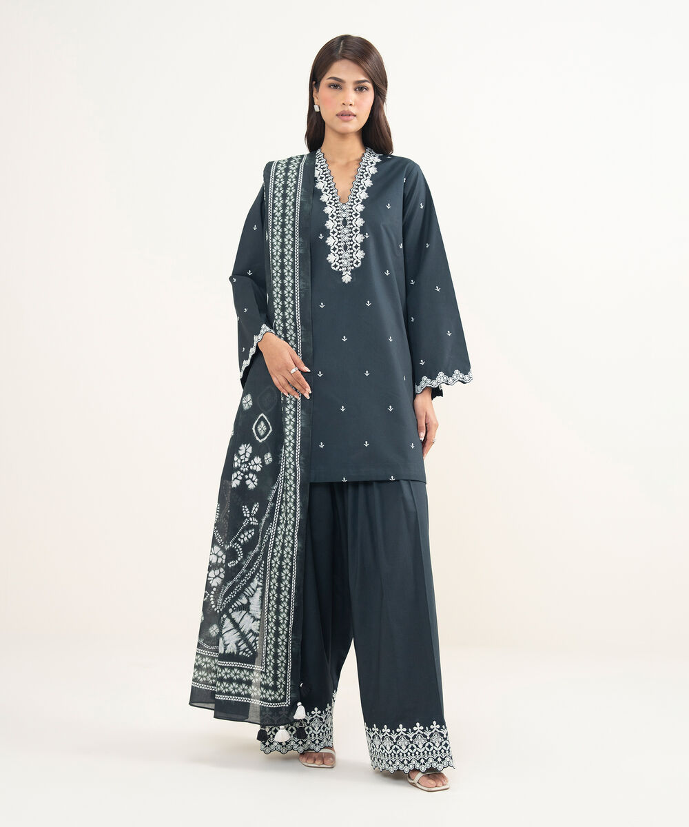 Women's Unstitched Lawn Embroidered Black 3 Piece Suit