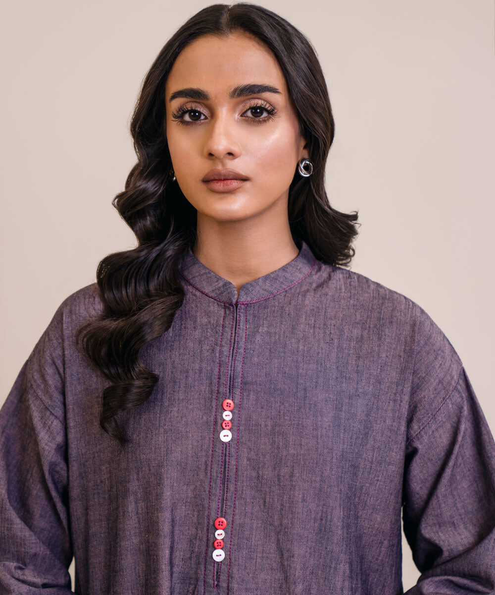 Women's Pret Chambray Solid Purple Drop Shoulder Shirt