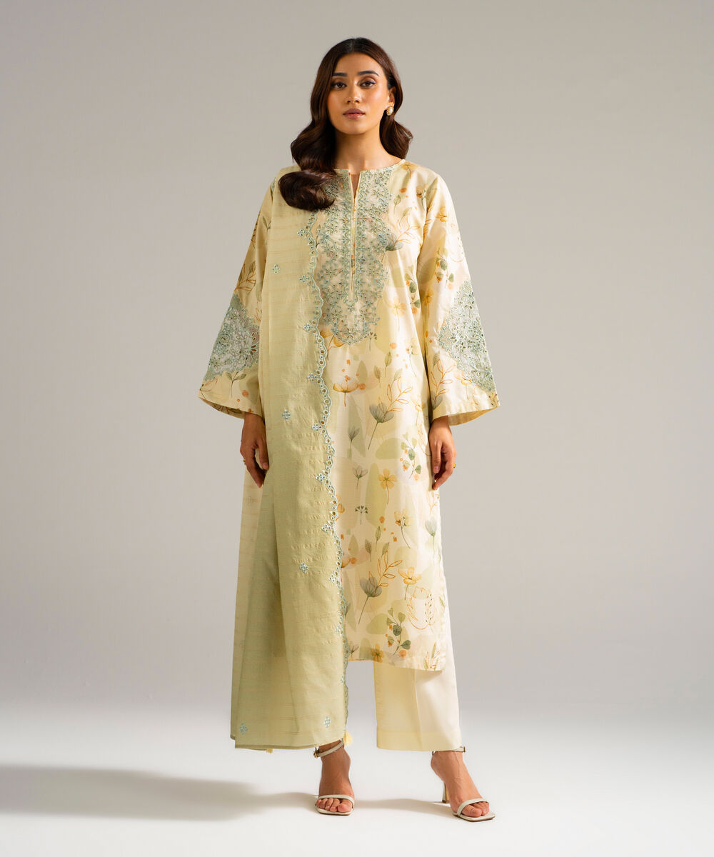 Women's RTW Zari Lawn Embroidered Yellow 3 Piece Suit