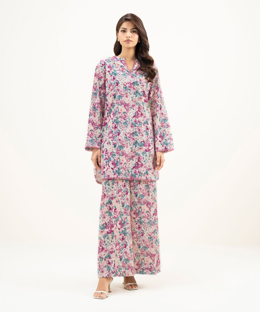 Women's RTW Seersucker Printed Pink Straight Shirt