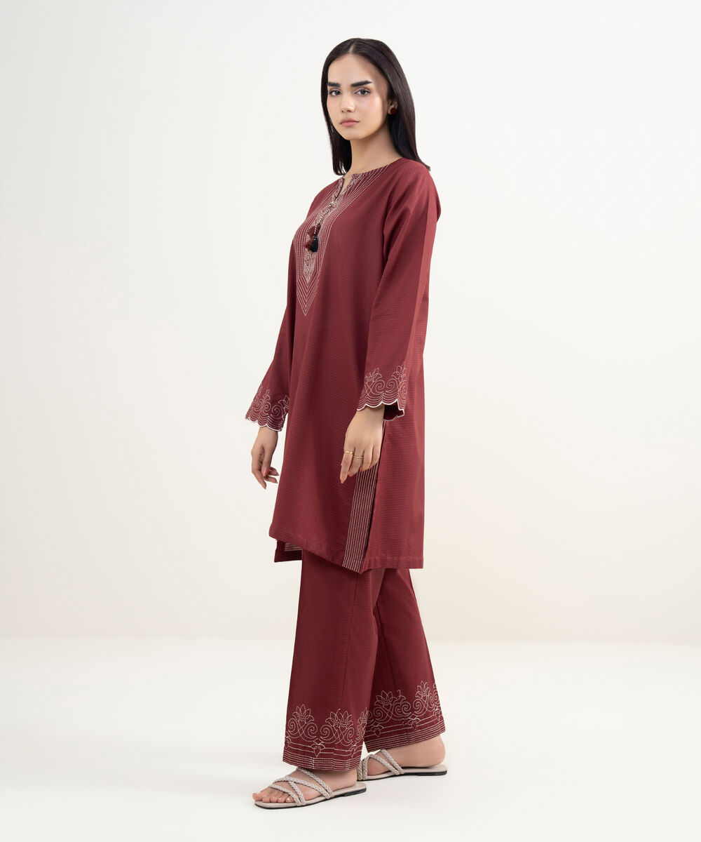 Women's RTW Dobby Embroidered Red Straight Shirt