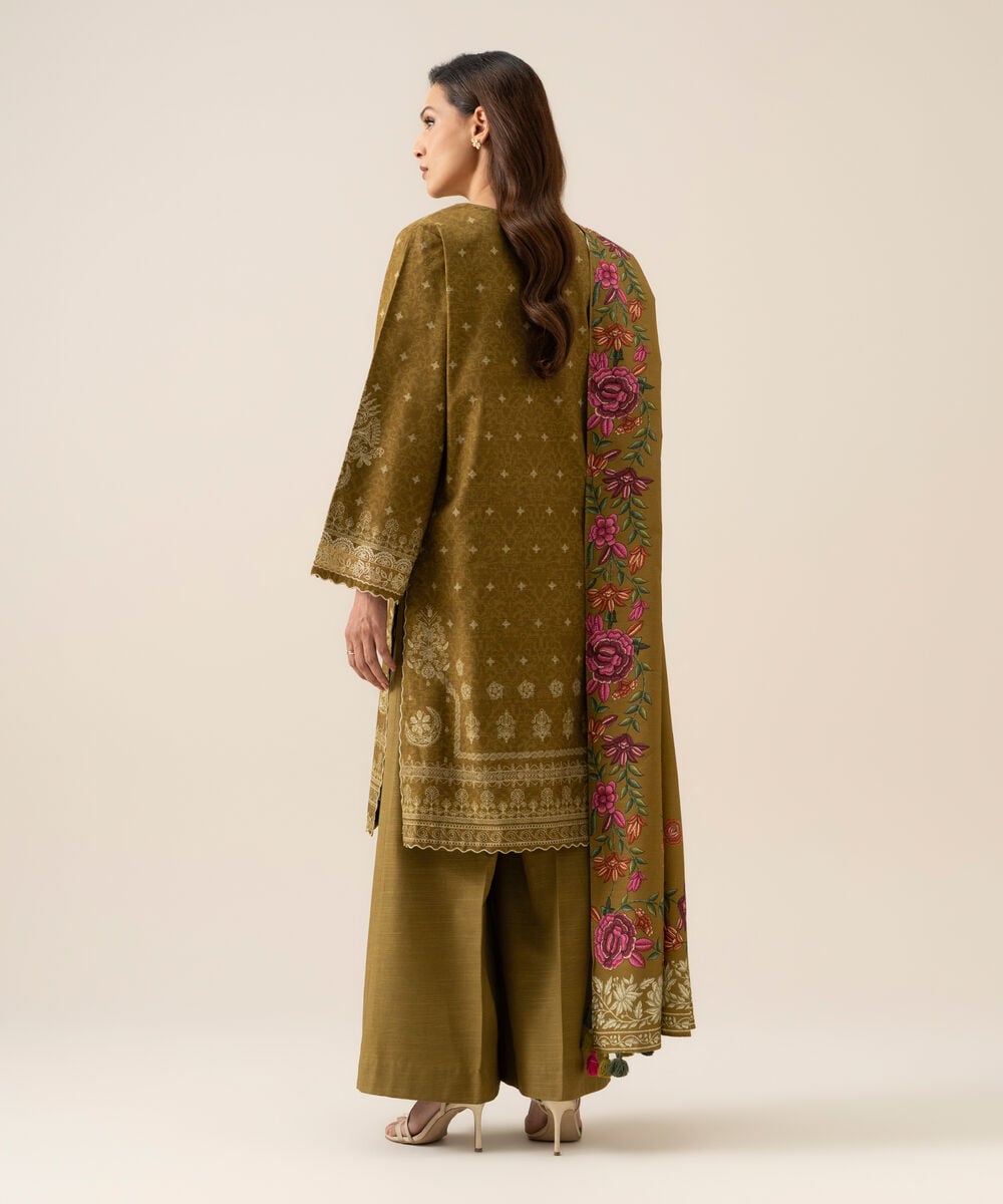 Women's Unstitched Light Khaddar Embroidered Mustard Olive 3 Piece Suit