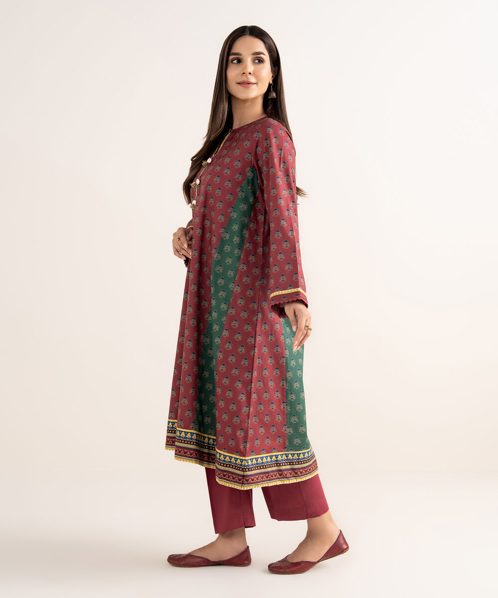 Women's RTW Cambric Maroon Printed A-Line Shirt