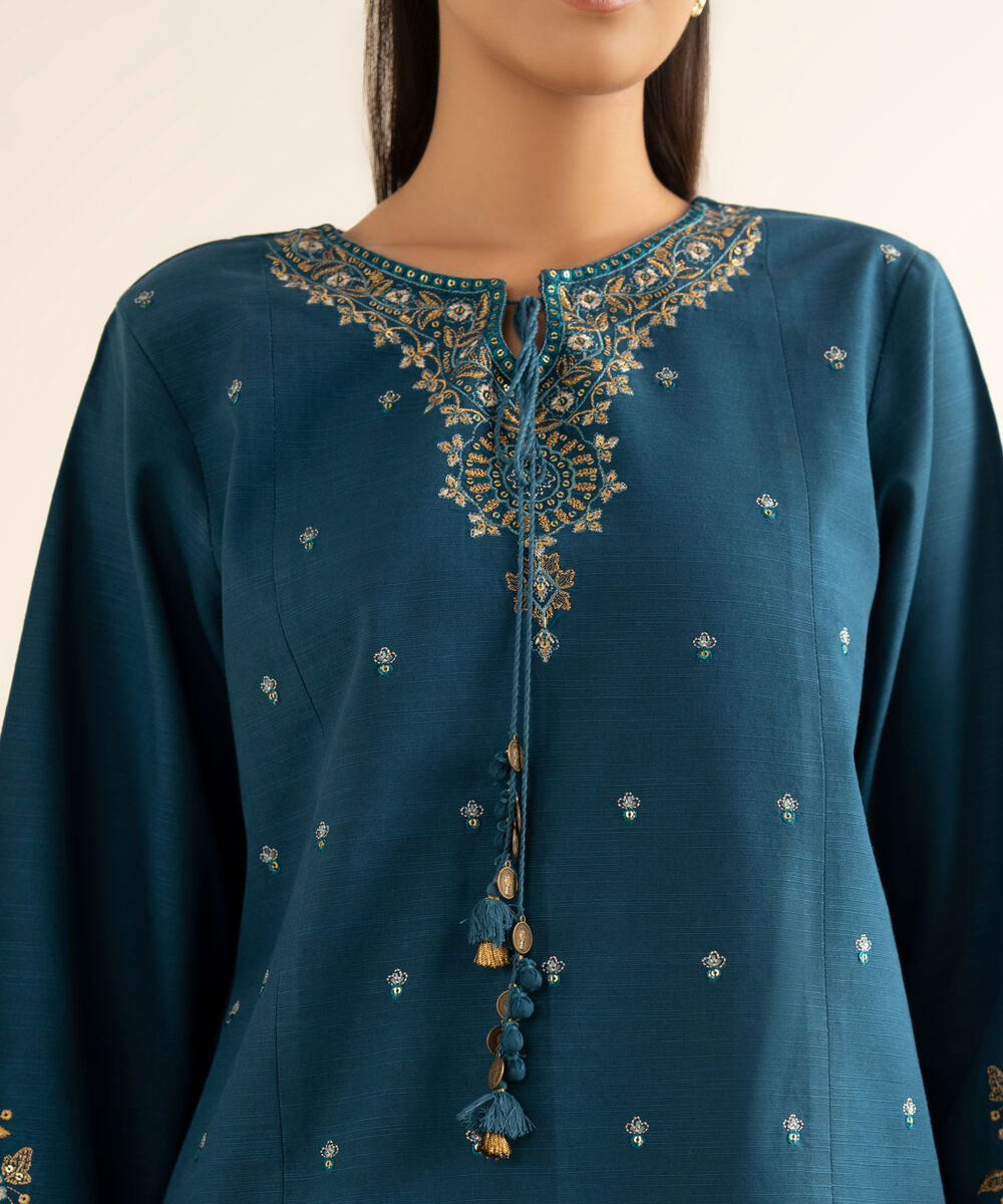Women's Unstitched Cotton Embroidered Blue 3 Piece Suit
