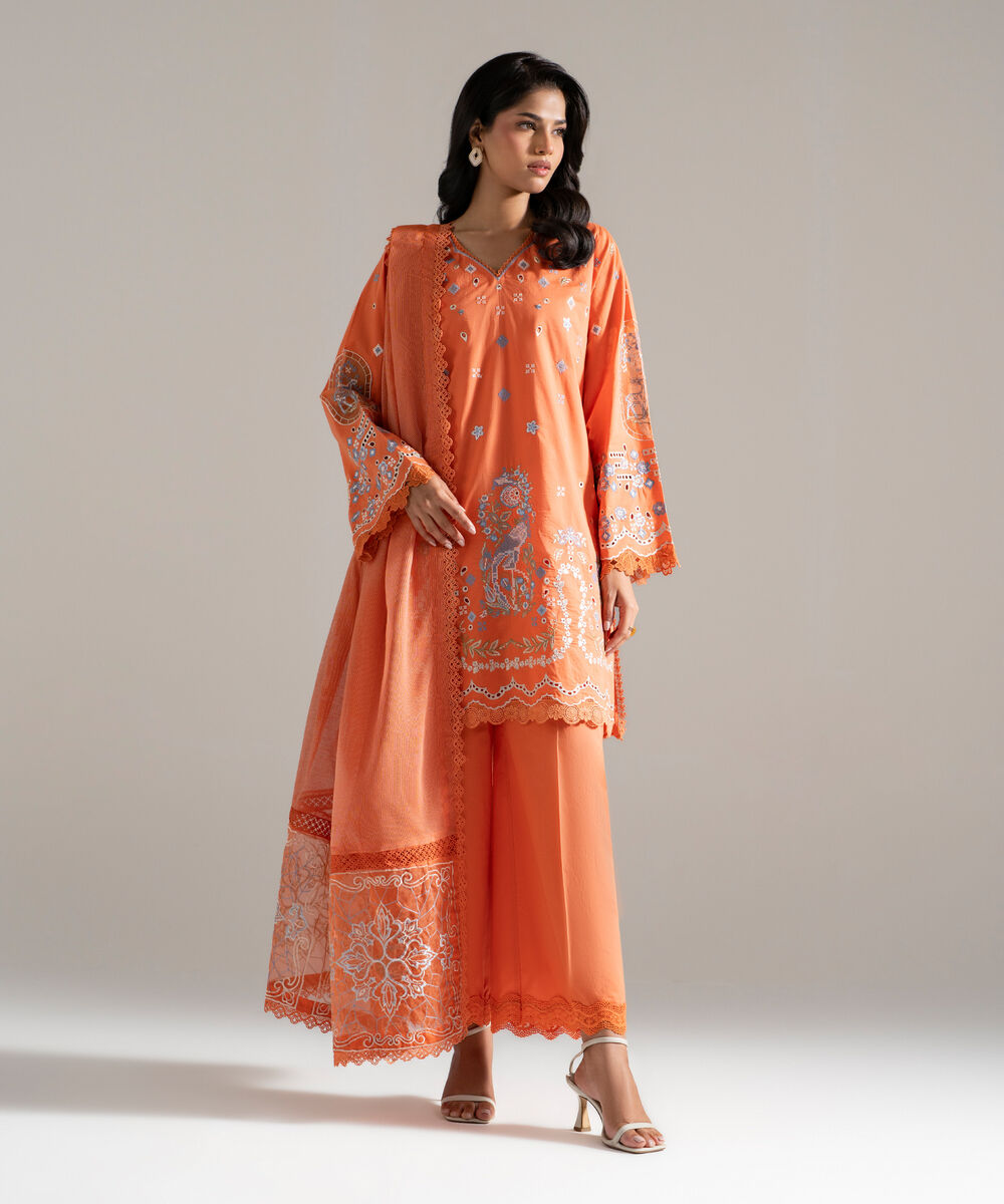 Khaddi Net Embroidered Orange Dupatta