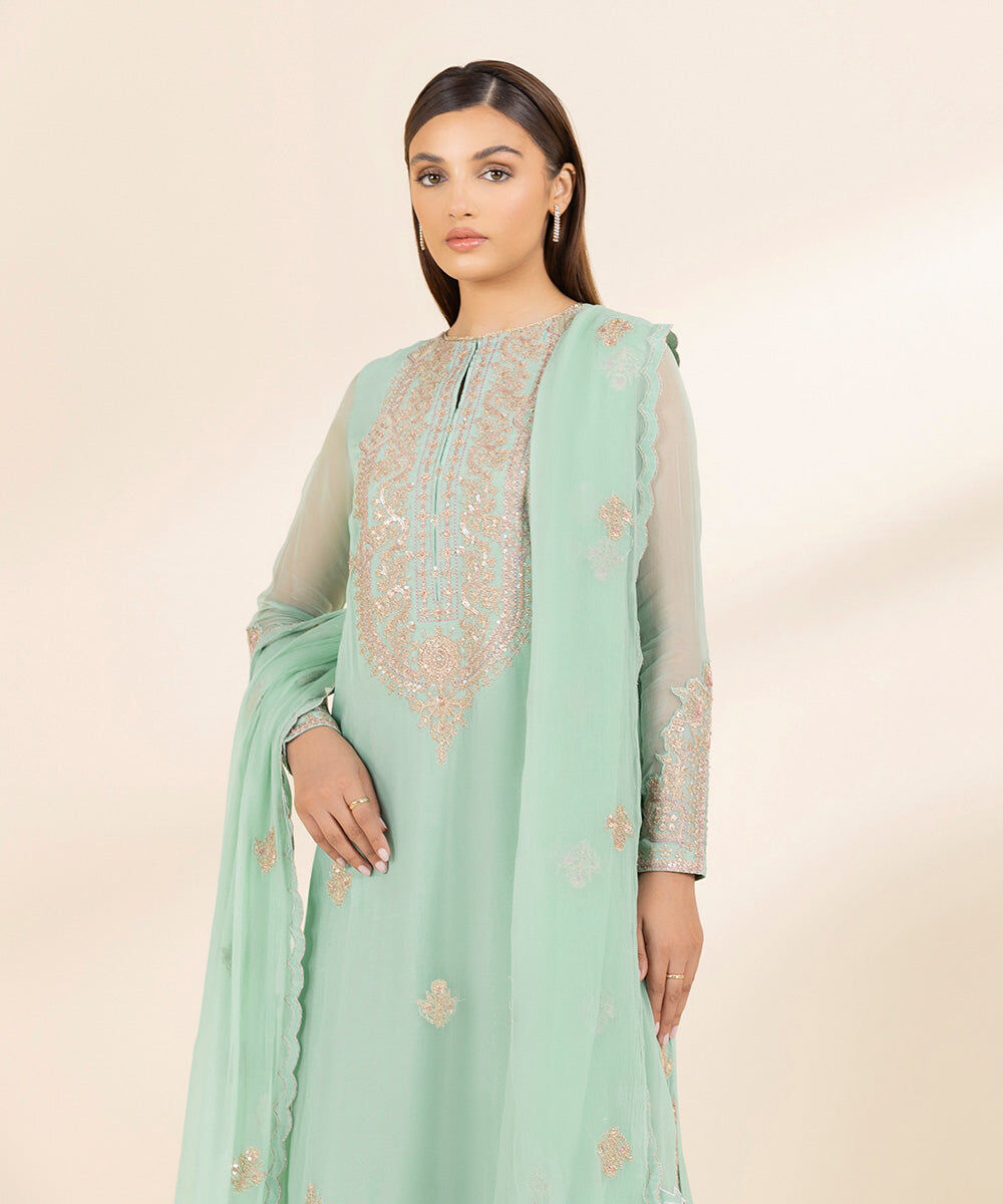 Woman - Blue 3 Piece - Embroidered Chiffon Suit