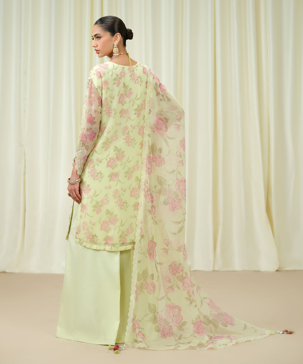 Women's Unstitched Blended Chiffon Embroidered Yellow 3 Piece Suit