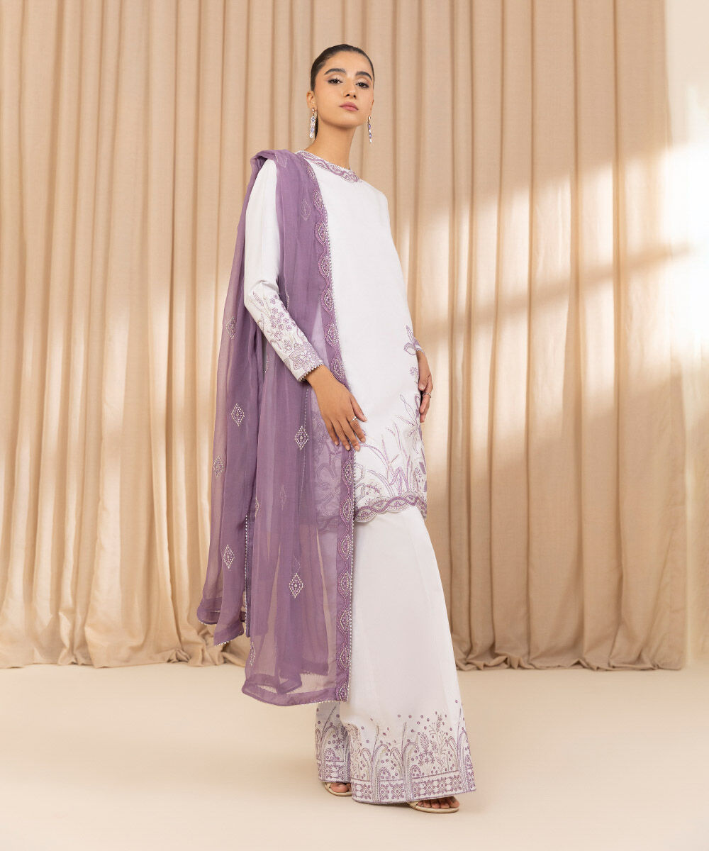 Unstitched Women's Grey Chambray Embroidered 3 Piece Suit