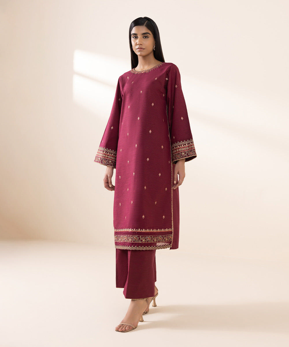 Women's Unstitched Zari Khaddar Red Embroidered 2 Piece Suit
