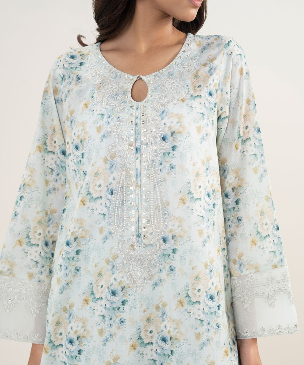 Women's Unstitched Lawn Embroidered Aqua  2 Piece Suit