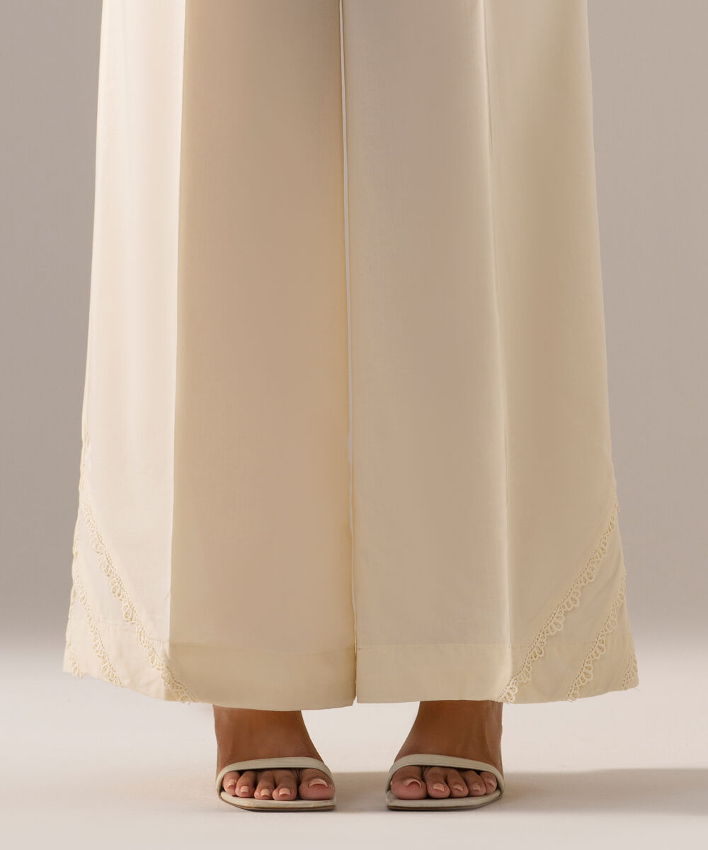 Women's RTW Cambric Solid Off White Flared Pants