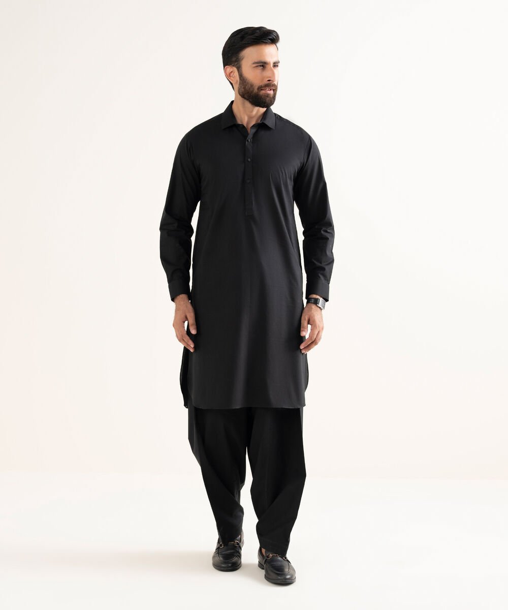 Men's Latha Plain Black Kameez Shalwar