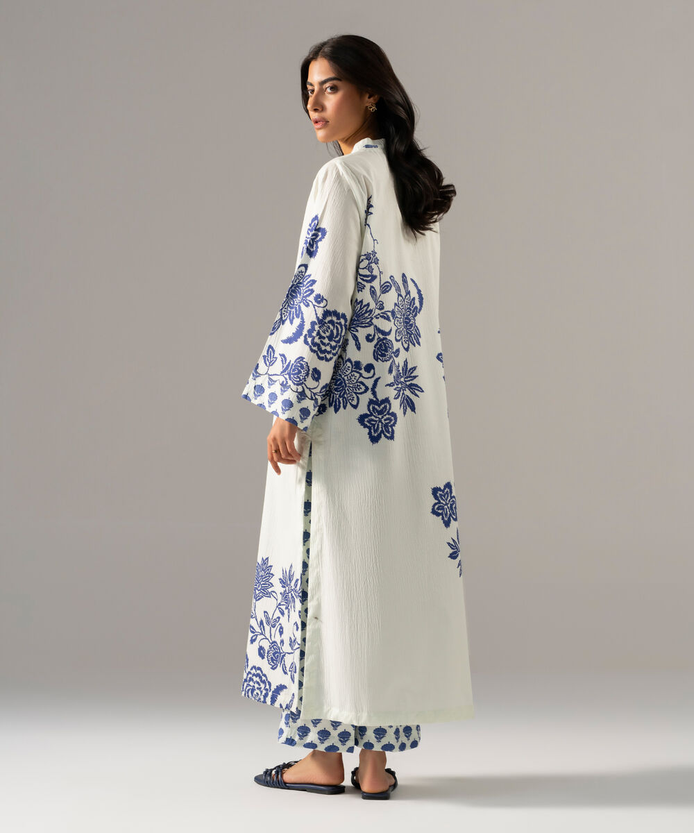 Women's RTW Seersucker Printed Pale White Straight Shirt