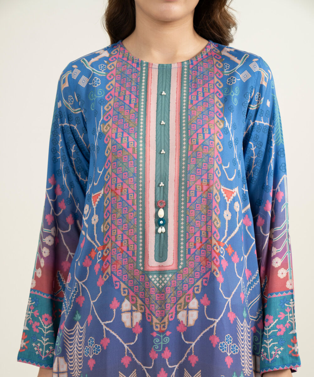 Women's RTW Viscose Raw Silk Printed Peach 3 Piece Suit