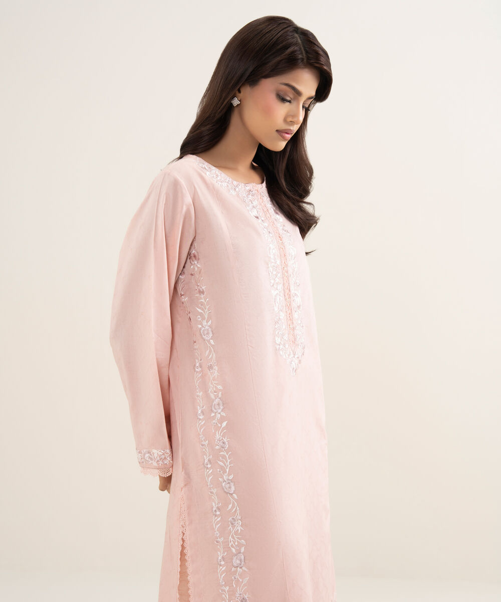 Women's RTW Self Jacquard Embroidered Pink A-Line Shirt