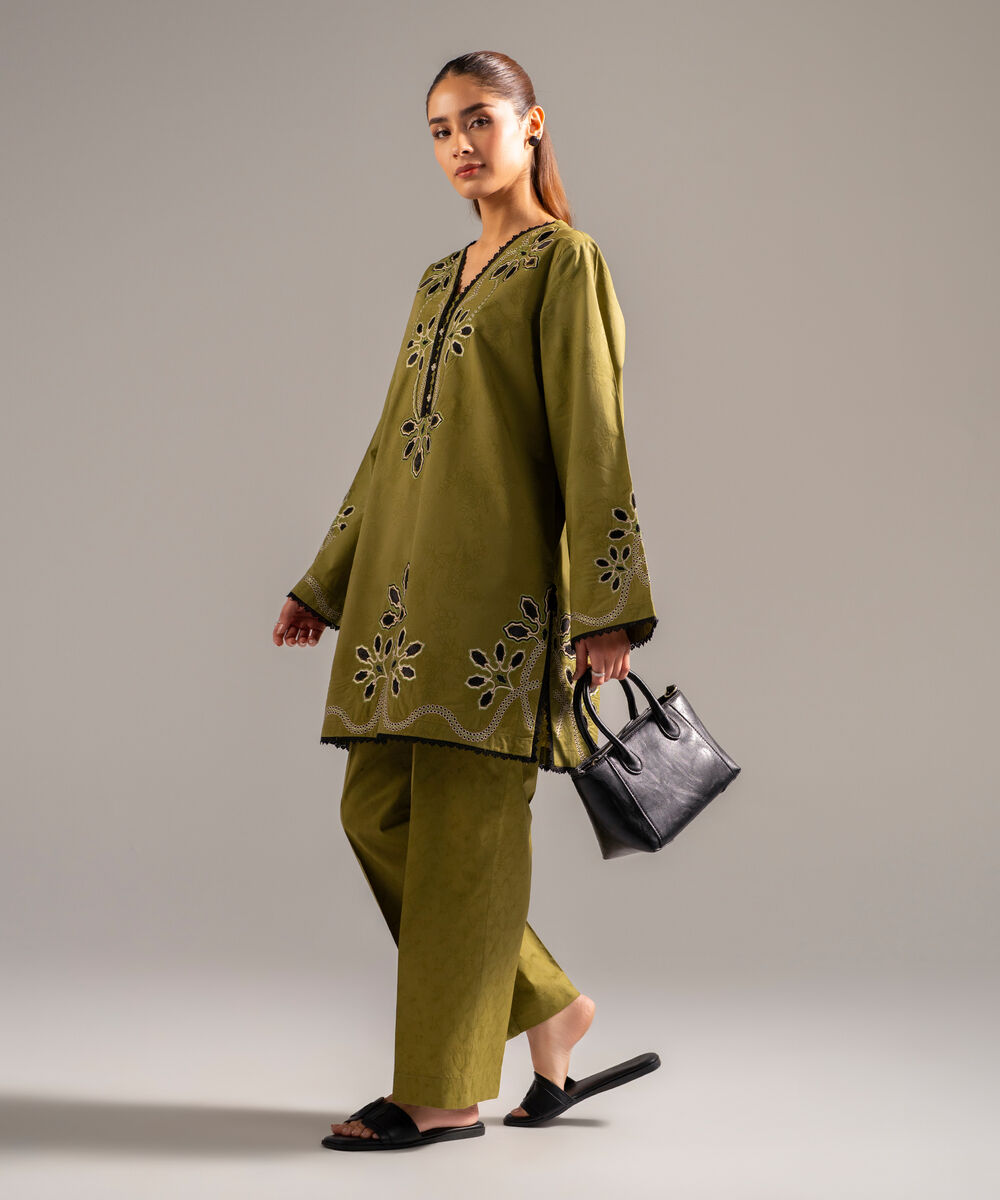 Women's RTW Self Jacquard Embroidered Olive Green 2 Piece Suit