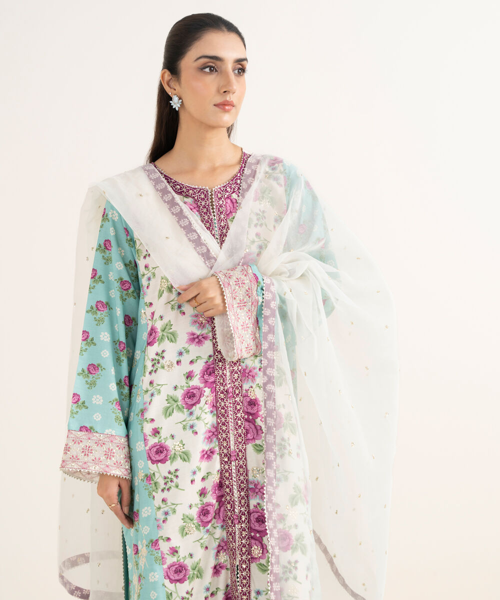 Women's RTW Cotton Viscose Embroidered White 3 Piece Suit