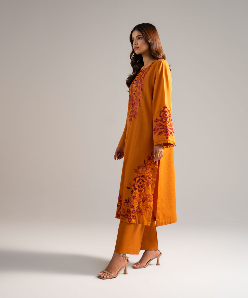 Women's RTW Dobby Embroidered Orange 2 Piece Suit