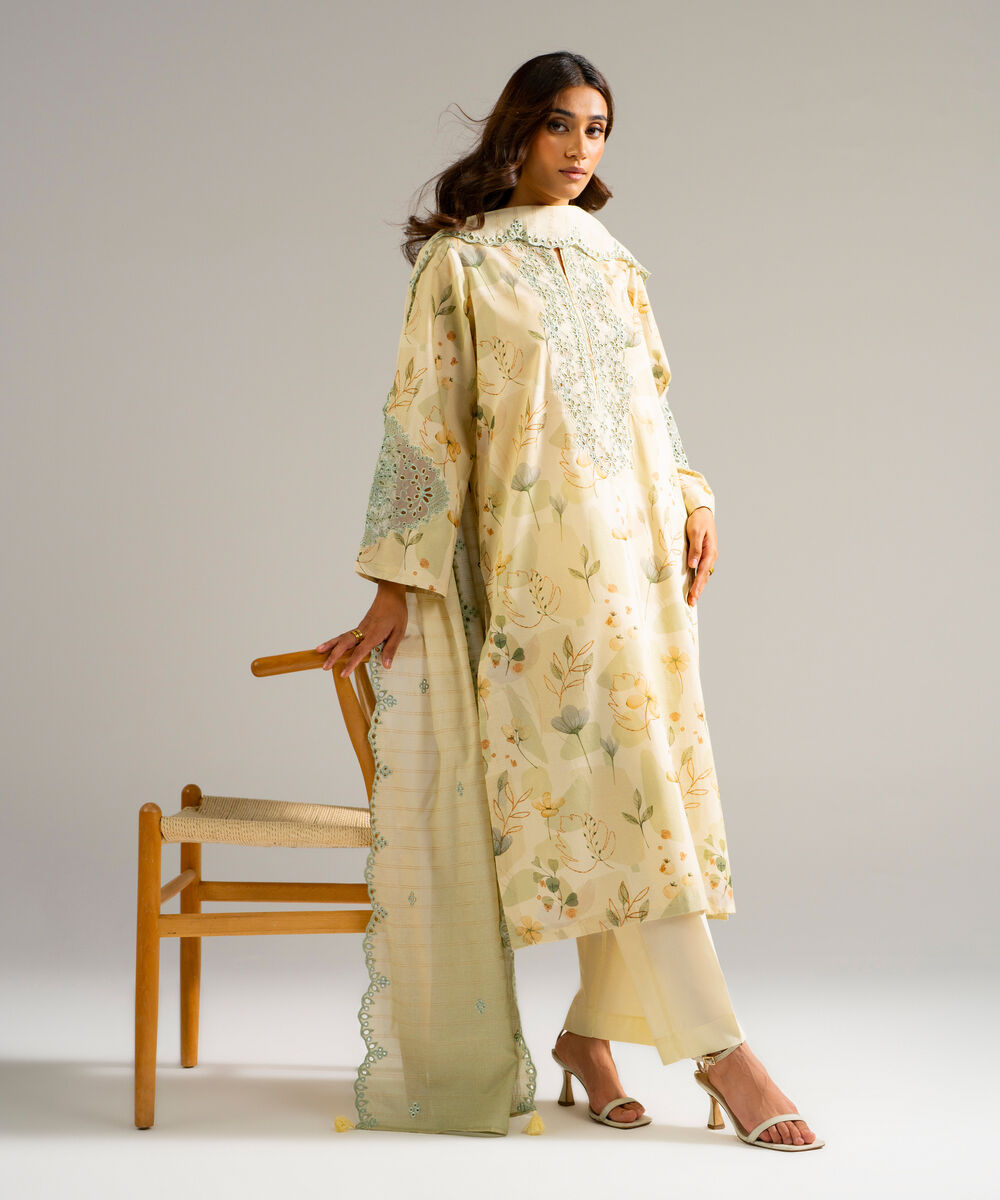 Women's RTW Zari Lawn Embroidered Yellow 3 Piece Suit