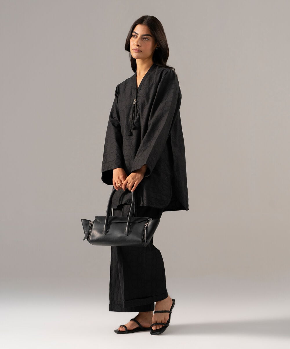 Women's RTW Textured Cotton Solid Black 2 Piece Suit