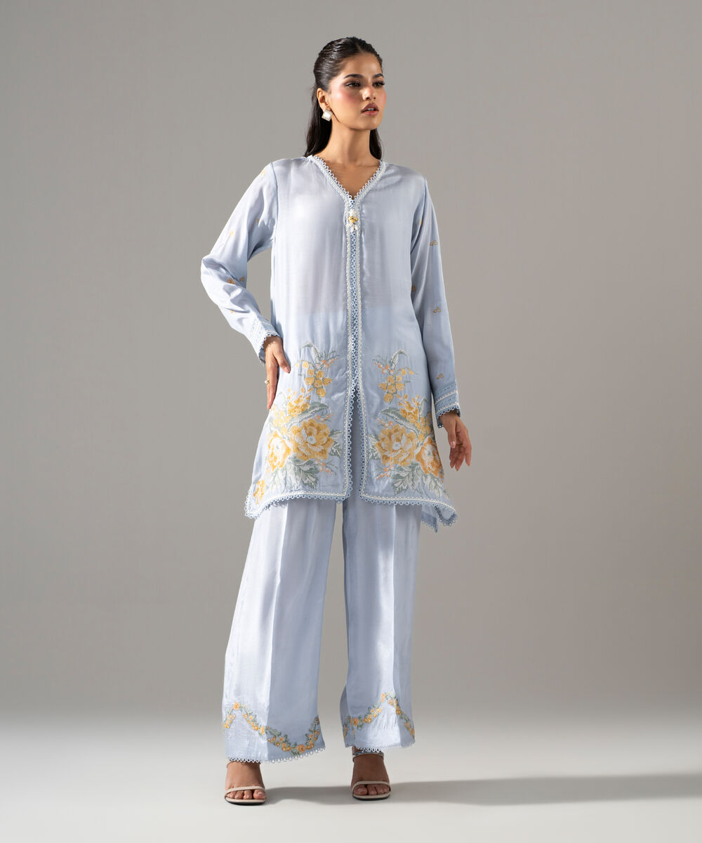 Women's RTW Thai Silk Solid Embroidered Blue 2 Piece Suit