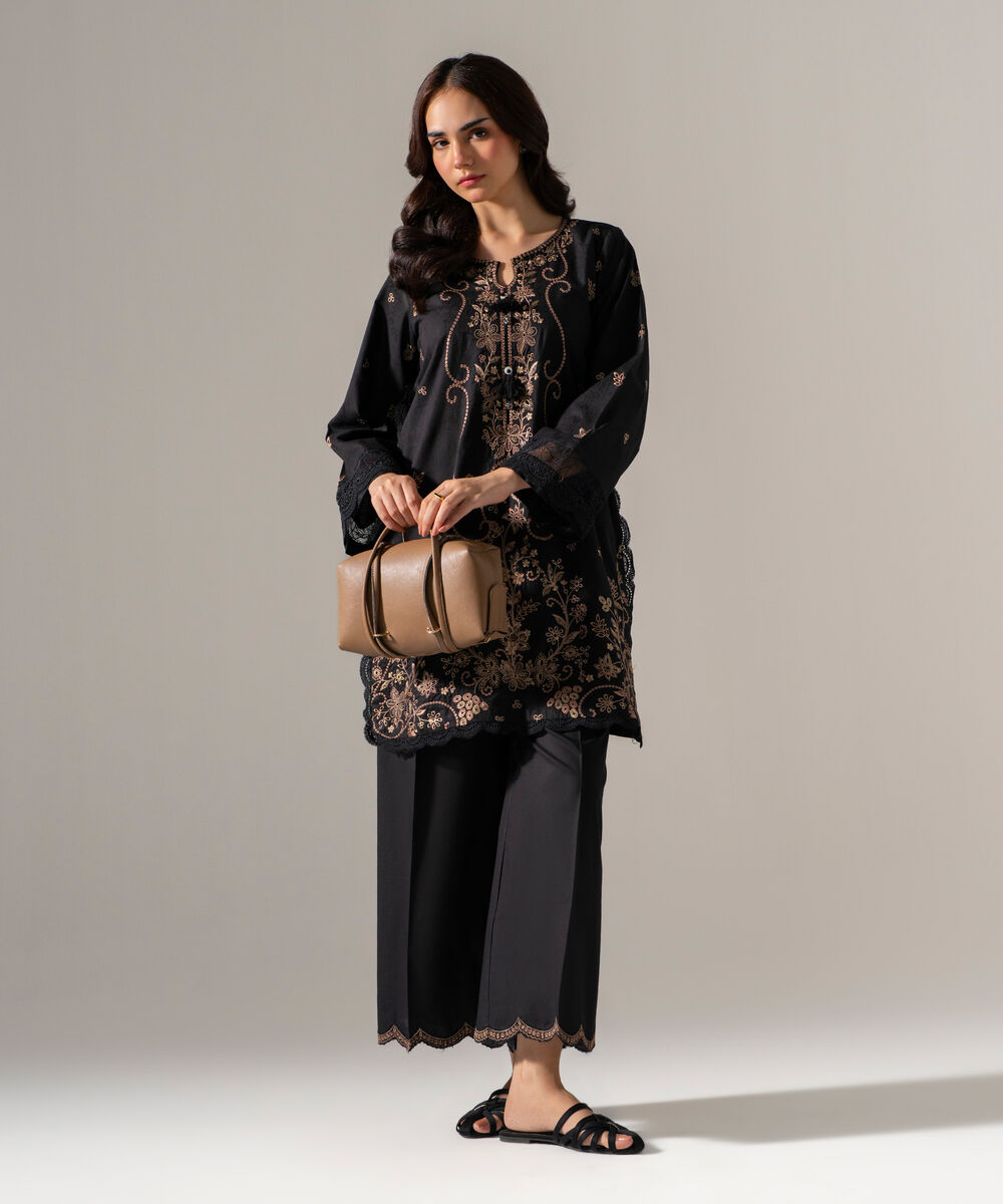 Women's RTW Self Jacquard Solid Embroidered Black 2 Piece Suit