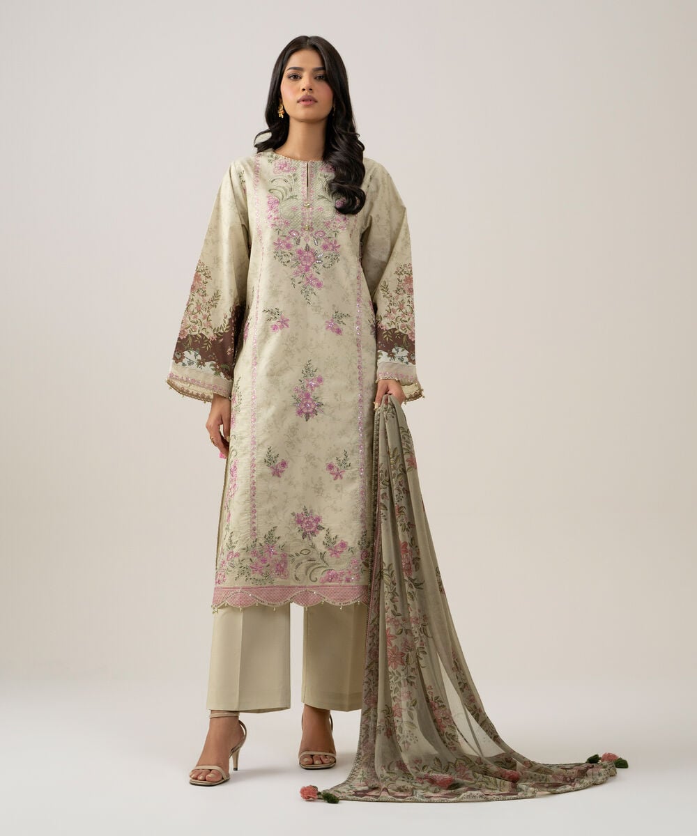 Women's Unstitched Blended Chiffon Embroidered Beige 3 Piece Suit