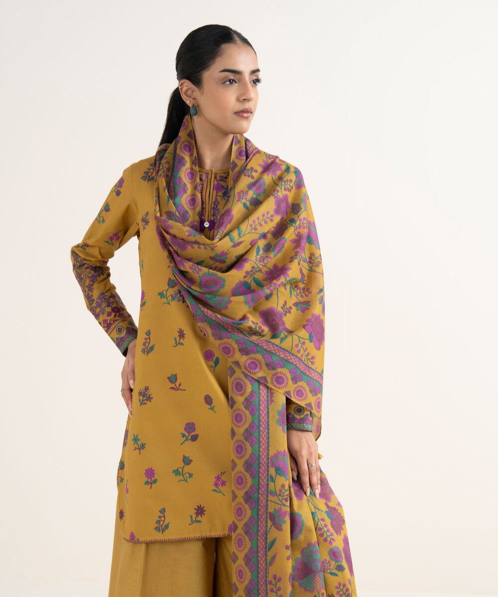 Women's Unstitched Cotton Embroidered Yellow 3 Piece Suit