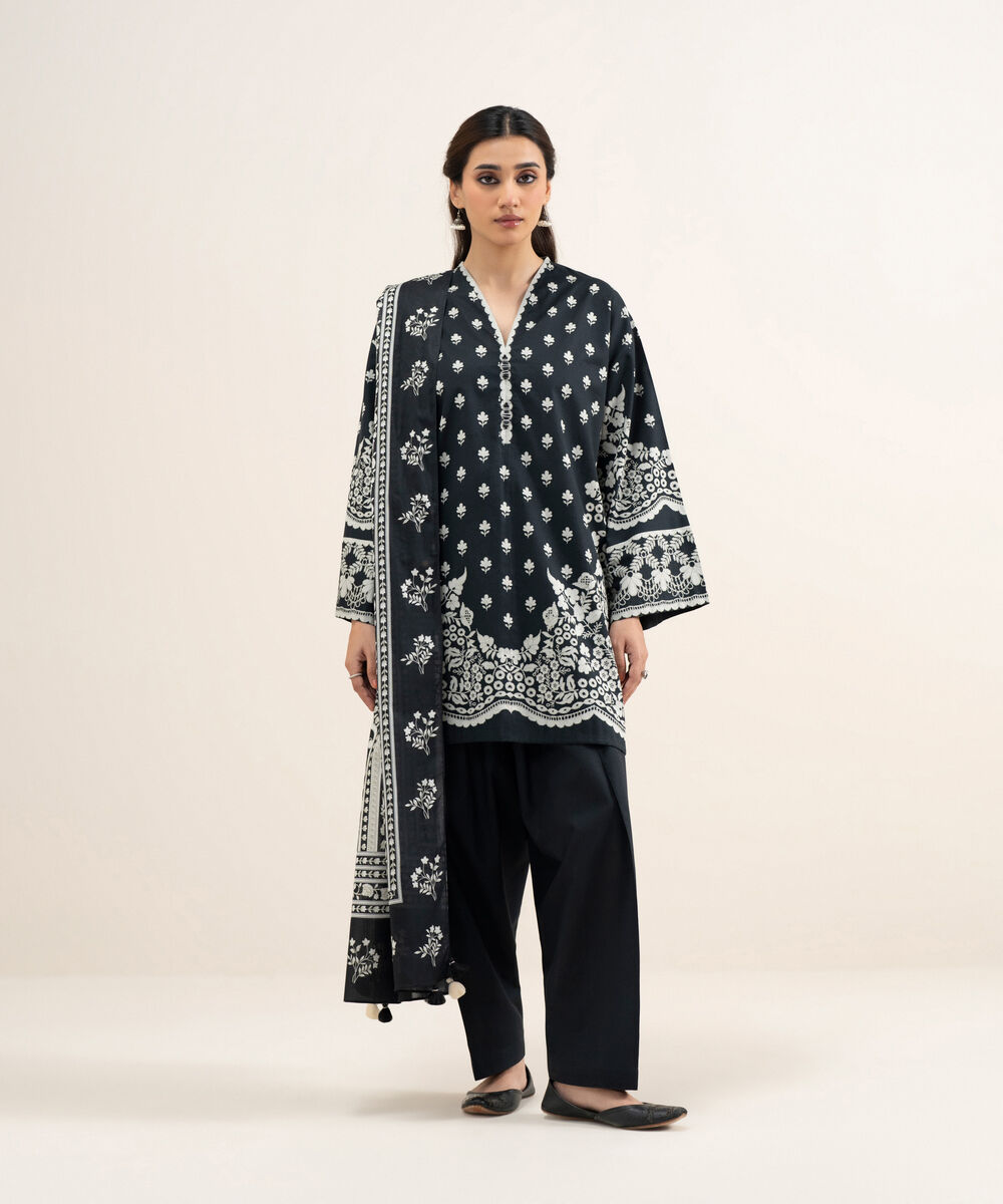 Women's Unstitched Lawn Printed Black and Off White 3 Piece Suit