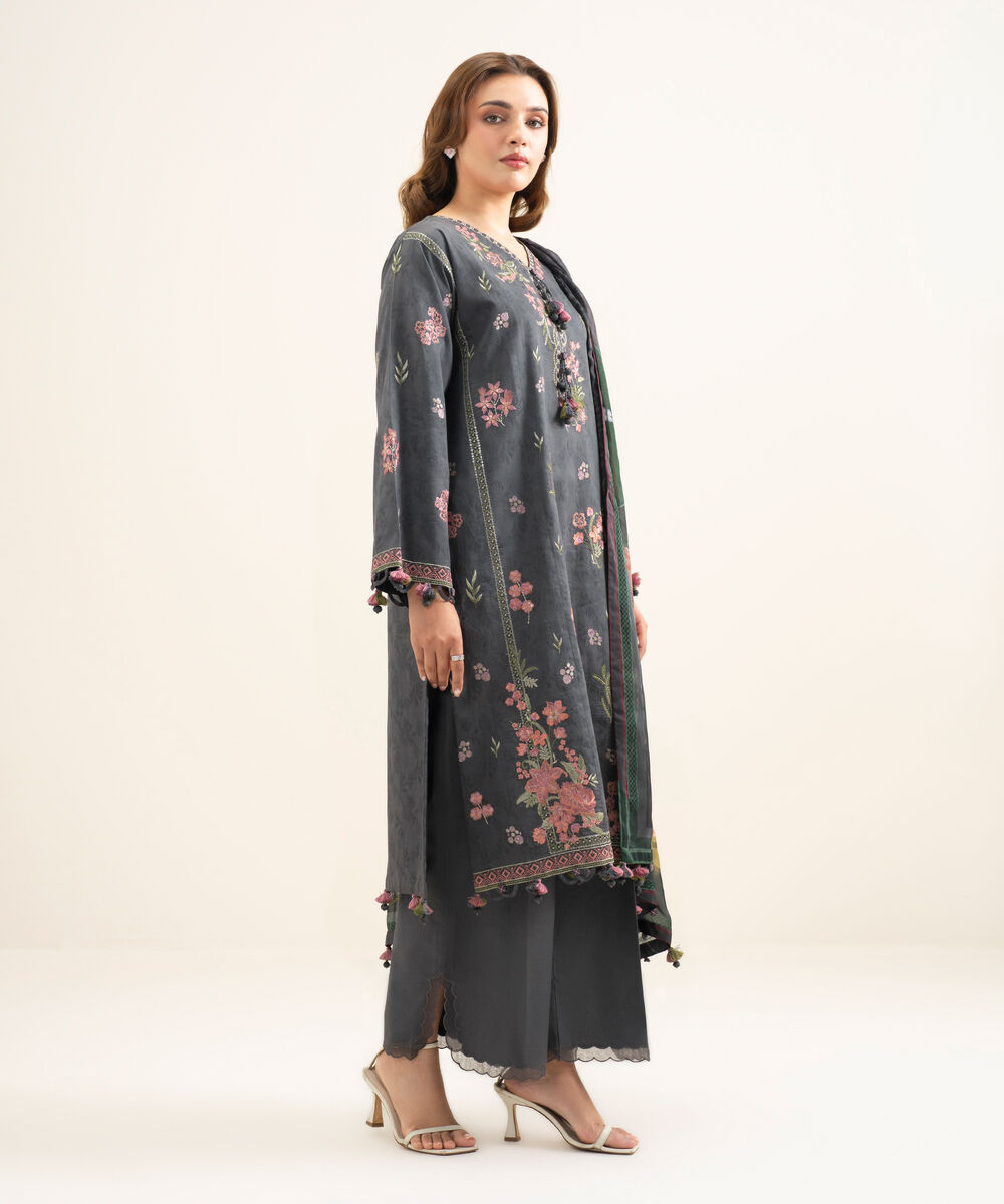 Women's Unstitched Cotton Jacquard Embroidered Grey 3 Piece Suit