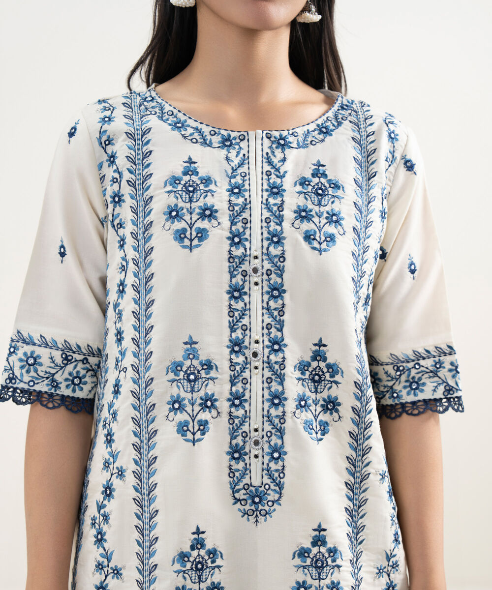 Women's RTW Zari Cotton Embroidered Blue 3 Piece Suit