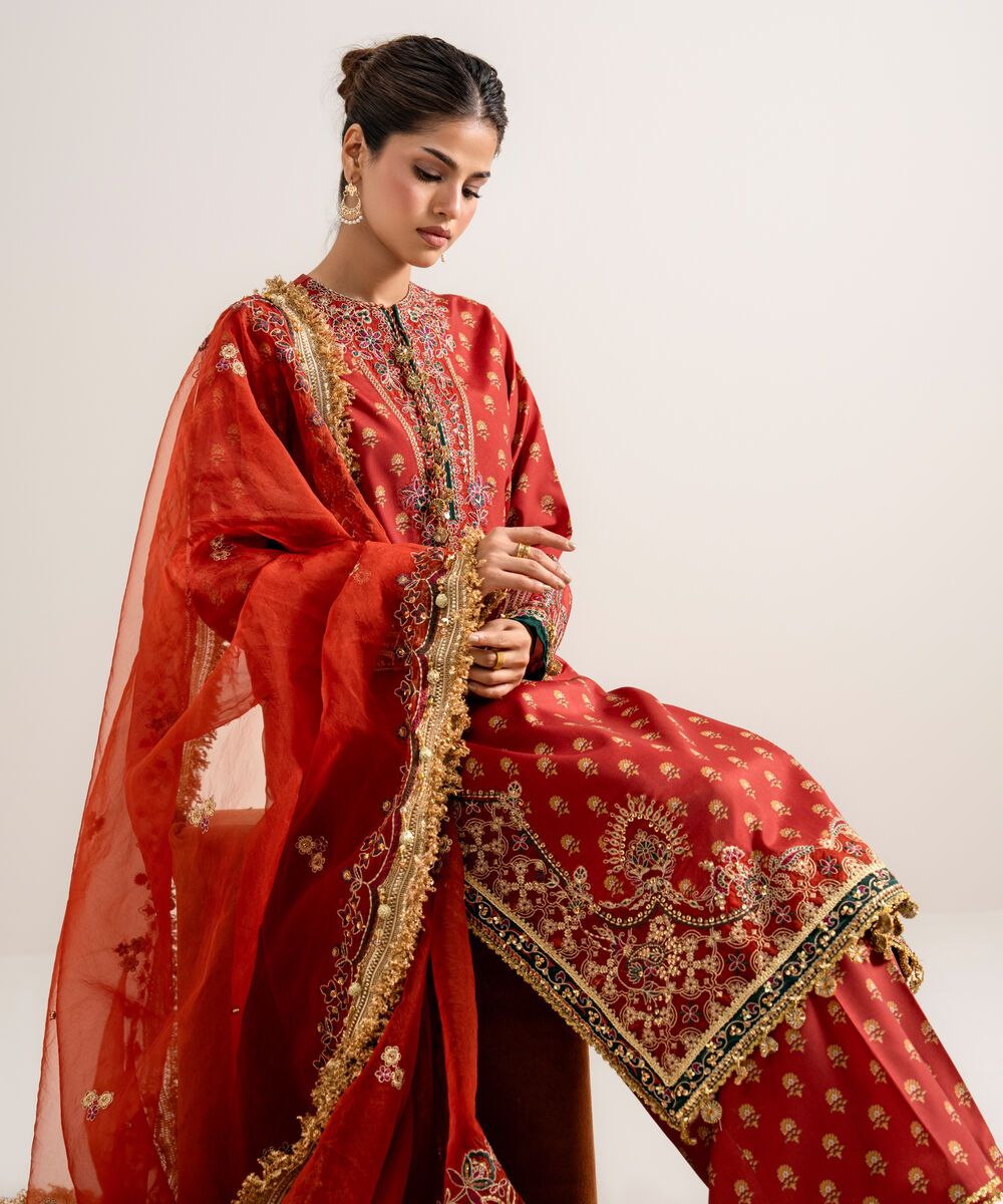 Women's Unstitched Printed Blended Grip Silk Orange 3 Piece Suit