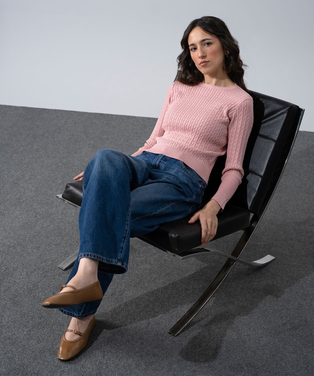Women's Western Wear Pink Textured Cable-Knit Jumper