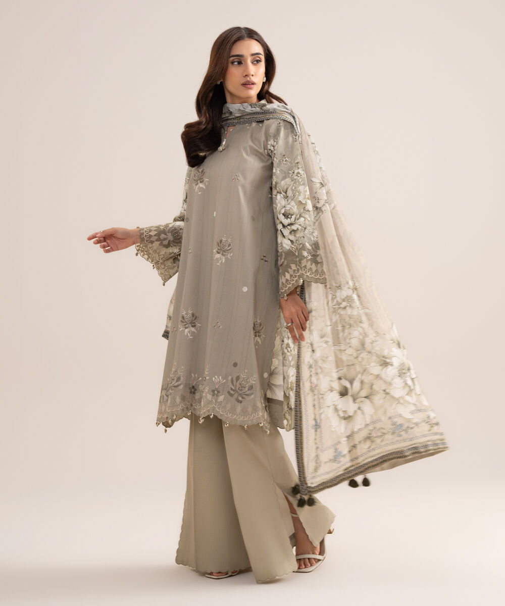 Women's Unstitched Lawn Embroidered Light Grey  3 Piece Suit