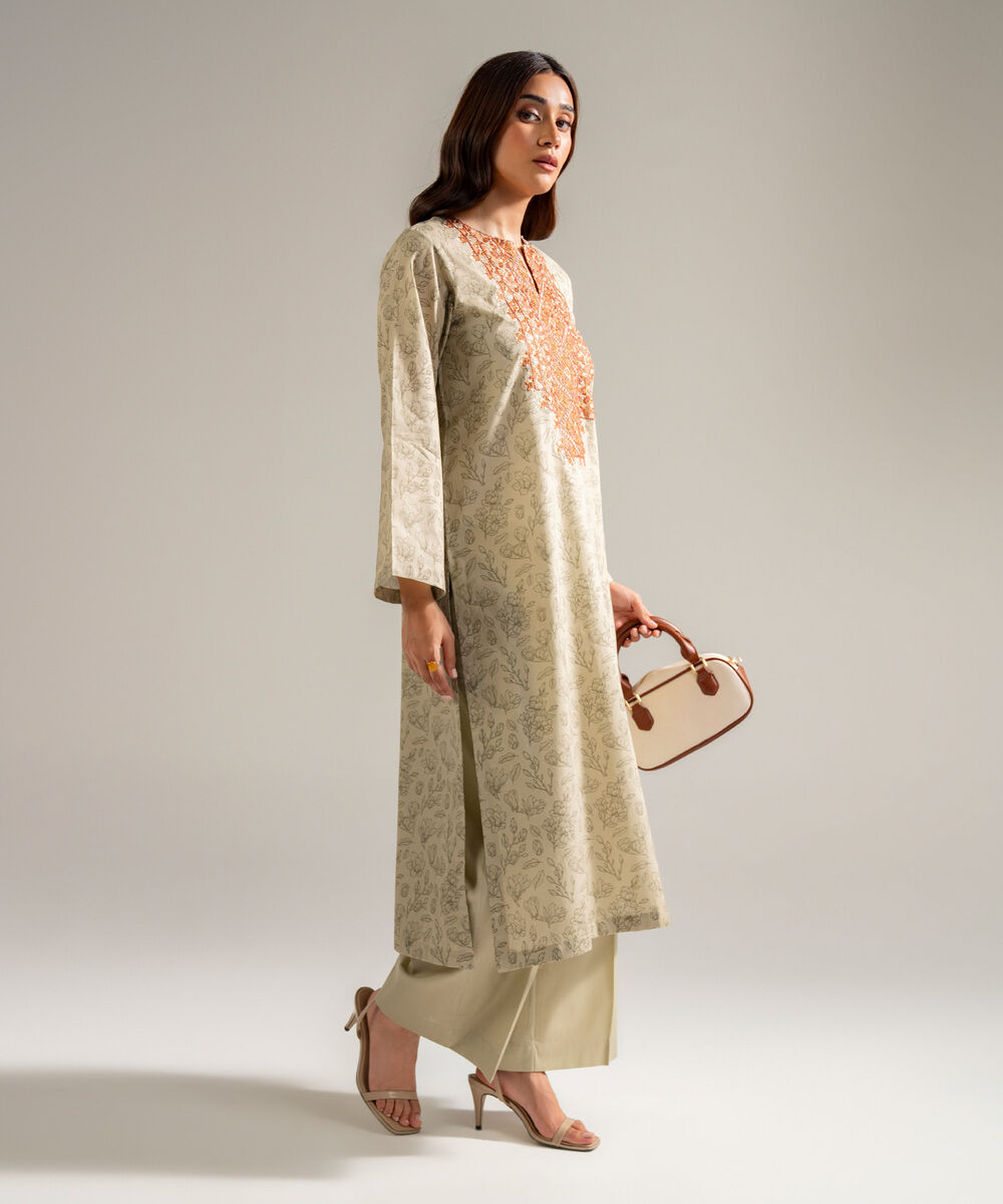 Women's RTW Cambric Embroidered Dark Beige 2 Piece Suit