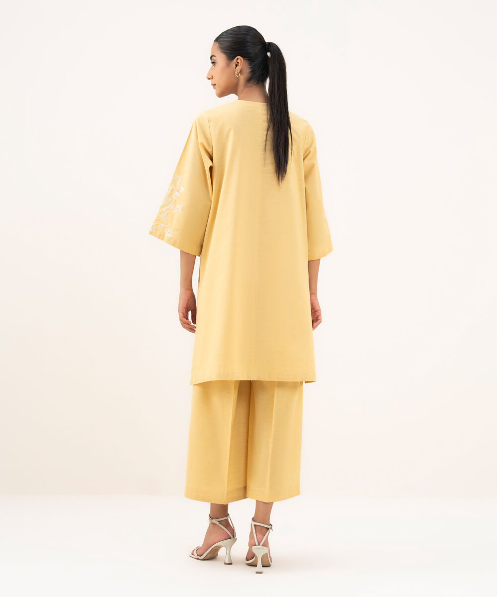 Women's RTW Textured Cotton Yellow Embroidered A-Line Shirt