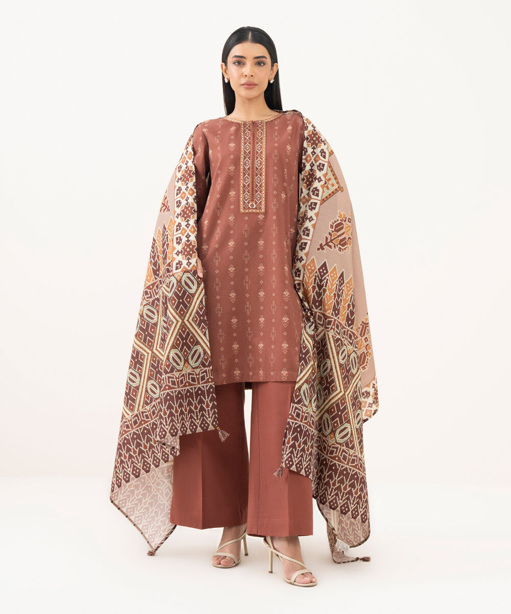 Women's RTW Light Khaddar Embroidered Brown Straight Shirt