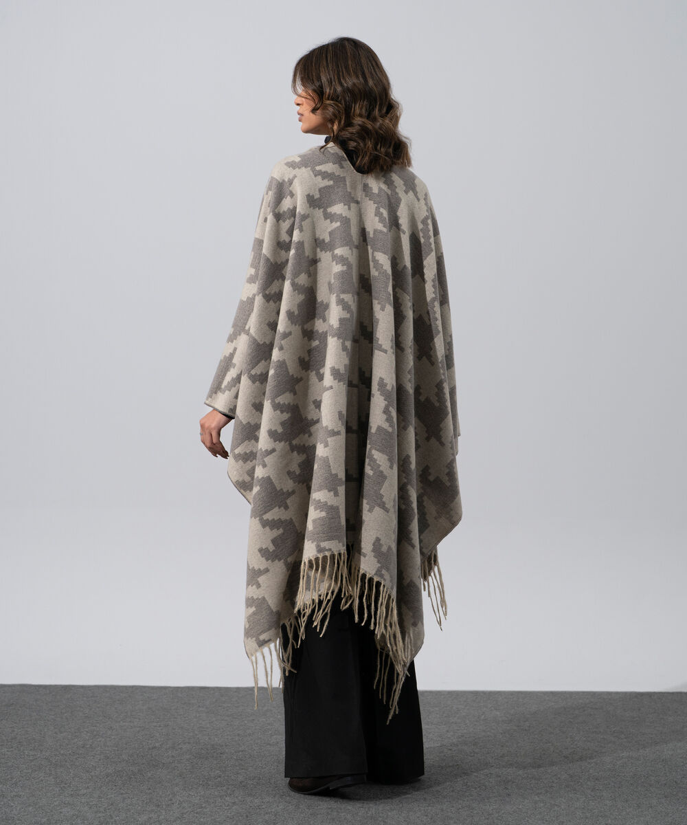 Women's Western Wear Beige Polyester Houndstooth Cape Shawl