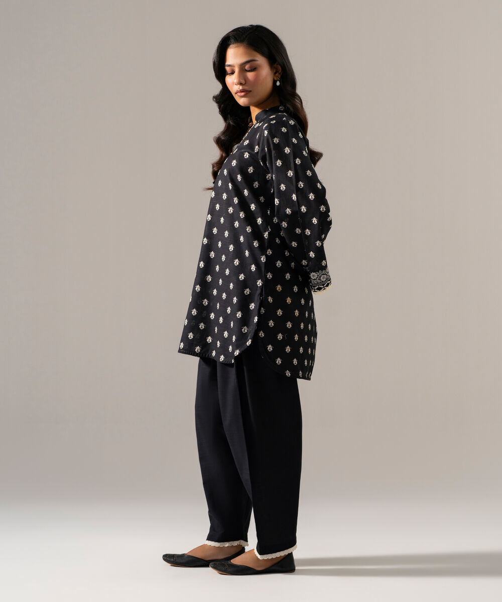 Women's RTW Khaddar Printed Black Straight Shirt