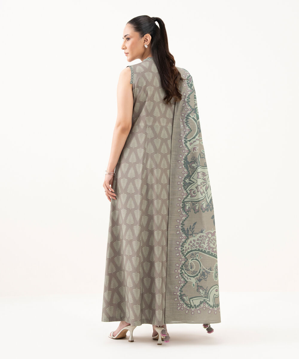 Women's Unstitched Linen Printed Beige 3 Piece Suit