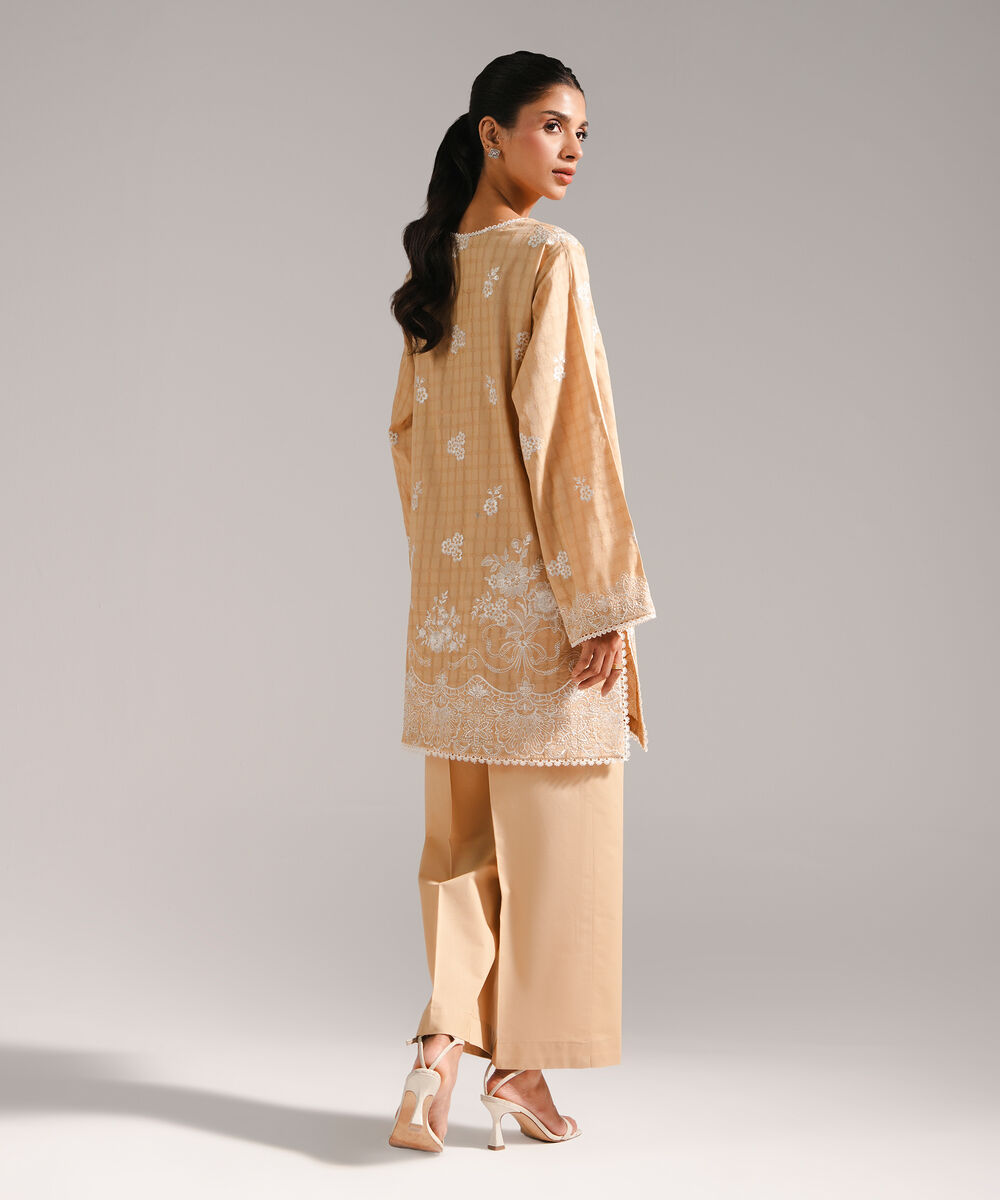 Women's RTW Dobby Embroidered Straight Beige Shirt